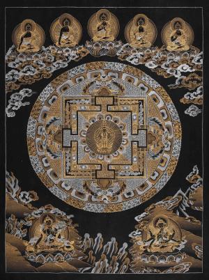Black and Gold Lokeshvara Mandala Thangka | Original Hand-Painted Avalokiteshvara